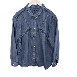 KIABI Womens Pearl Snap Button Up Denim Shirt Top US 20 XXL Blue Western